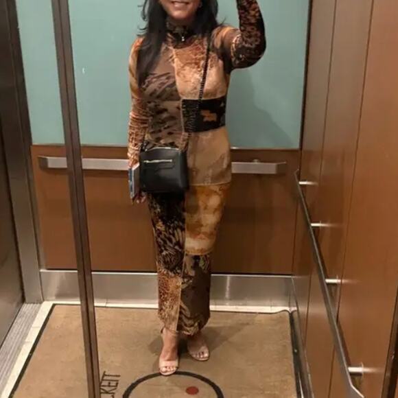 Fuzzi Patchwork Mesh Midi Dress SMALL Slinky Bodycon Designer Mockneck $700 - Picture 4 of 14